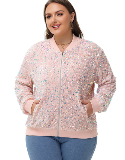 Anna-Kaci Women's Sequin Jacket Plus Size Sparkly Zip Bomber Coat With Pockets For Concert Party
