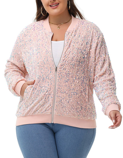 Anna-Kaci Women's Sequin Jacket Plus Size Sparkly Zip Bomber Coat With Pockets For Concert Party