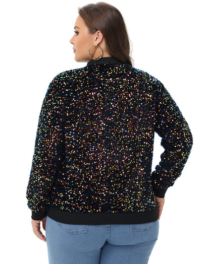 Anna-Kaci Women's Sequin Jacket Plus Size Sparkly Zip Bomber Coat With Pockets For Concert Party