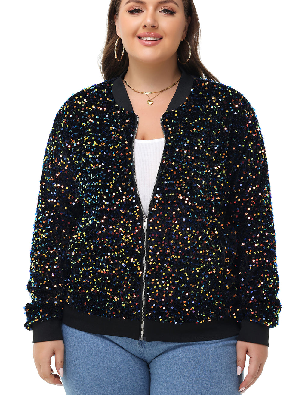 Anna-Kaci Women's Sequin Jacket Plus Size Sparkly Zip Bomber Coat With Pockets For Concert Party