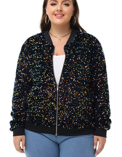 Anna-Kaci Women's Sequin Jacket Plus Size Sparkly Zip Bomber Coat With Pockets For Concert Party