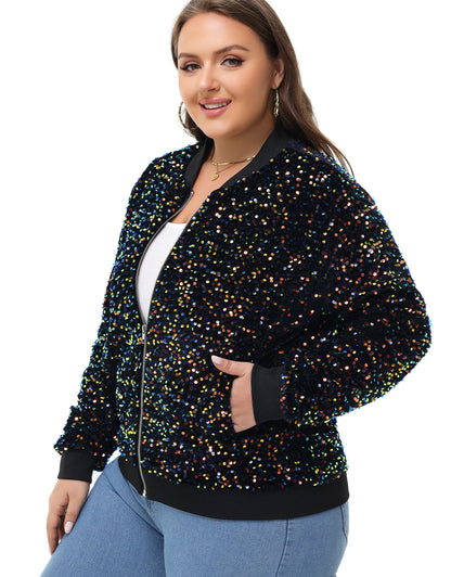 Anna-Kaci Women's Sequin Jacket Plus Size Sparkly Zip Bomber Coat With Pockets For Concert Party