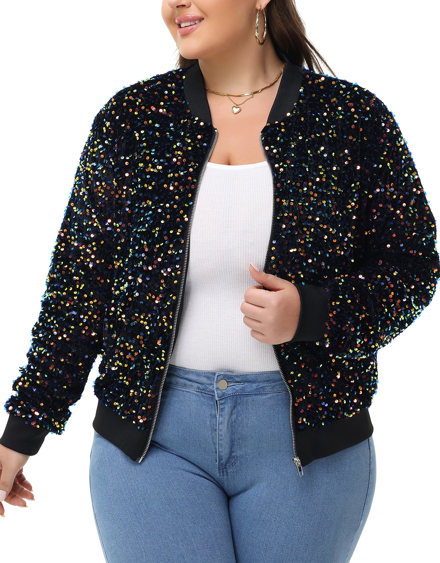 Anna-Kaci Women's Sequin Jacket Plus Size Sparkly Zip Bomber Coat With Pockets For Concert Party