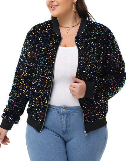 Anna-Kaci Women's Sequin Jacket Plus Size Sparkly Zip Bomber Coat With Pockets For Concert Party