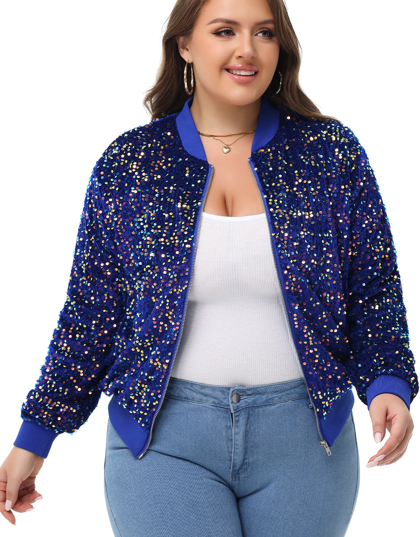 Anna-Kaci Women's Sequin Jacket Plus Size Sparkly Zip Bomber Coat With Pockets For Concert Party