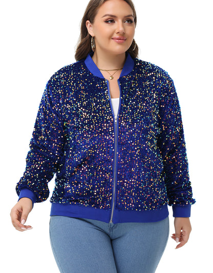 Anna-Kaci Women's Sequin Jacket Plus Size Sparkly Zip Bomber Coat With Pockets For Concert Party