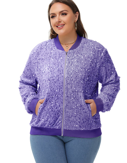 Anna-Kaci Women's Sequin Jacket Plus Size Sparkly Zip Bomber Coat With Pockets For Concert Party