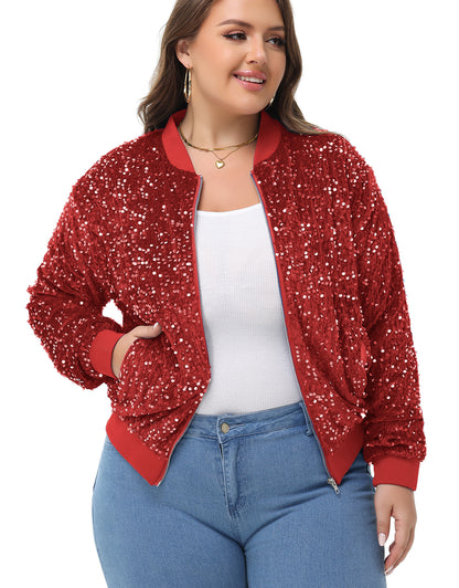Anna-Kaci Women's Sequin Jacket Plus Size Sparkly Zip Bomber Coat With Pockets For Concert Party