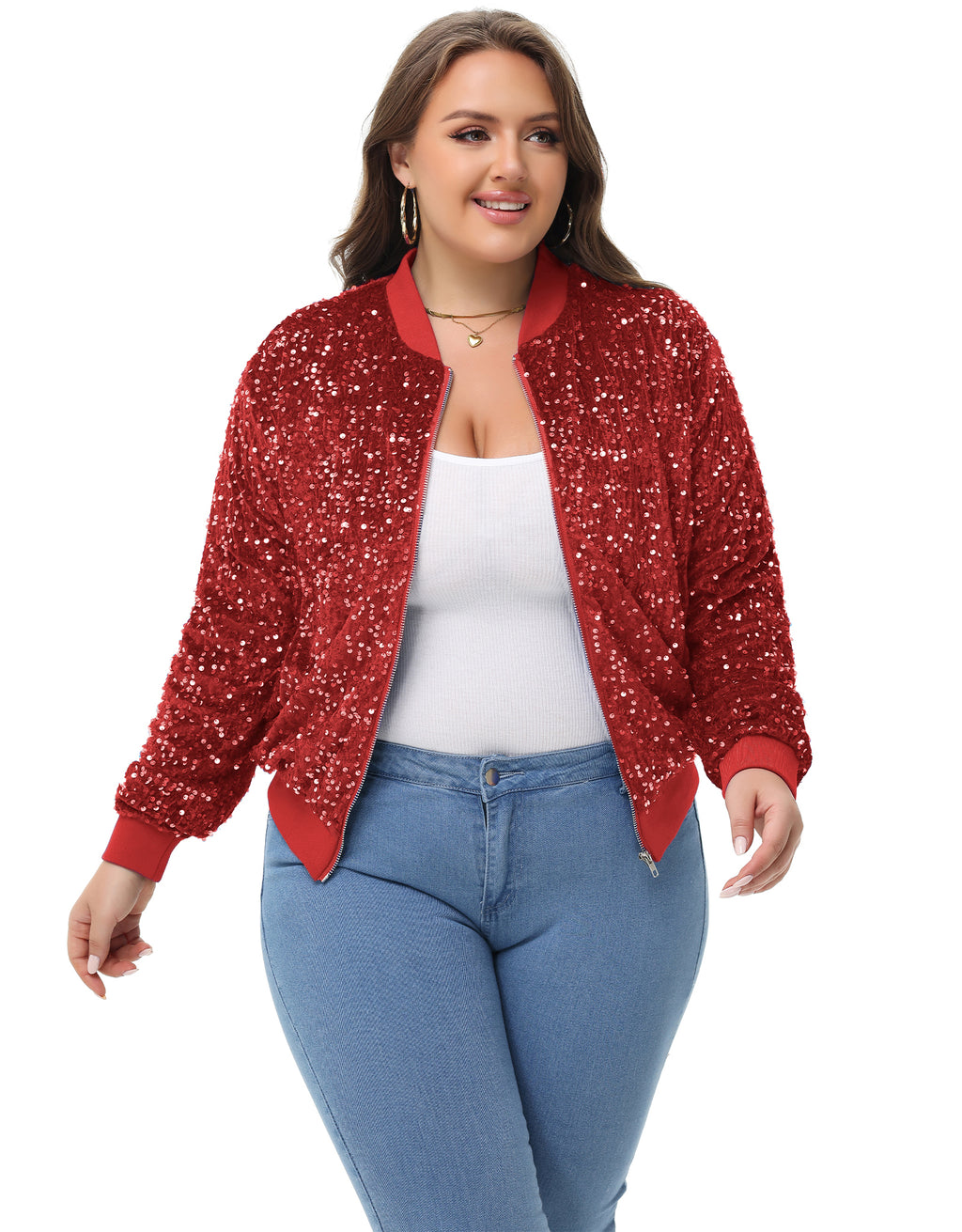 Anna-Kaci Women's Sequin Jacket Plus Size Sparkly Zip Bomber Coat With Pockets For Concert Party