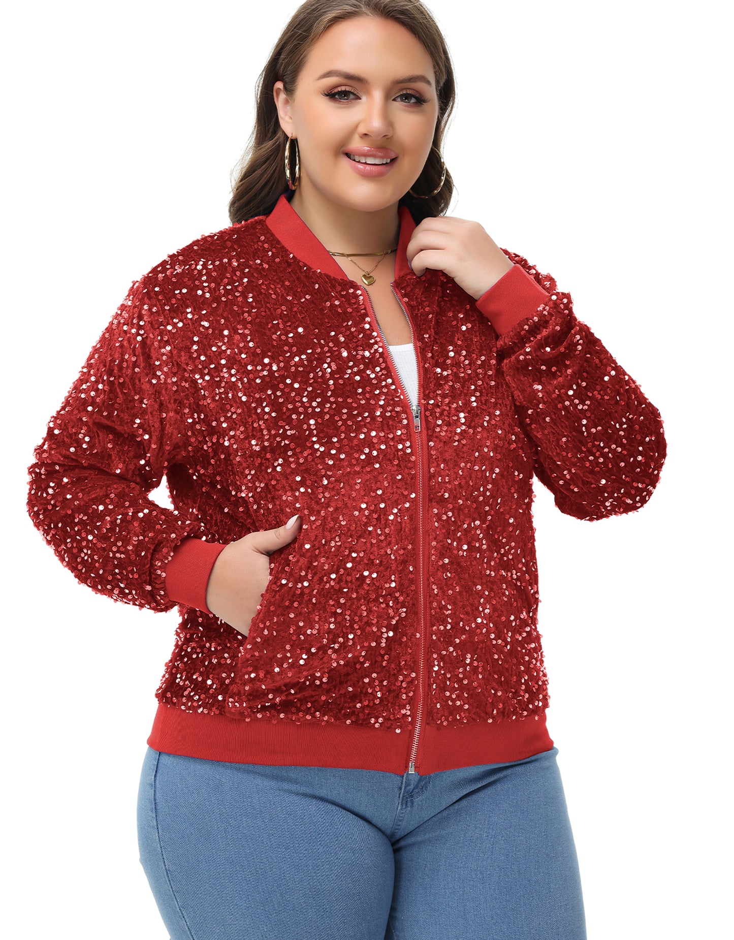 Anna-Kaci Women's Sequin Jacket Plus Size Sparkly Zip Bomber Coat With Pockets For Concert Party