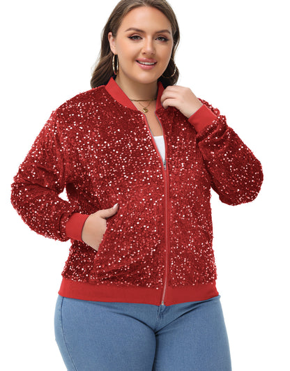 Anna-Kaci Women's Sequin Jacket Plus Size Sparkly Zip Bomber Coat With Pockets For Concert Party