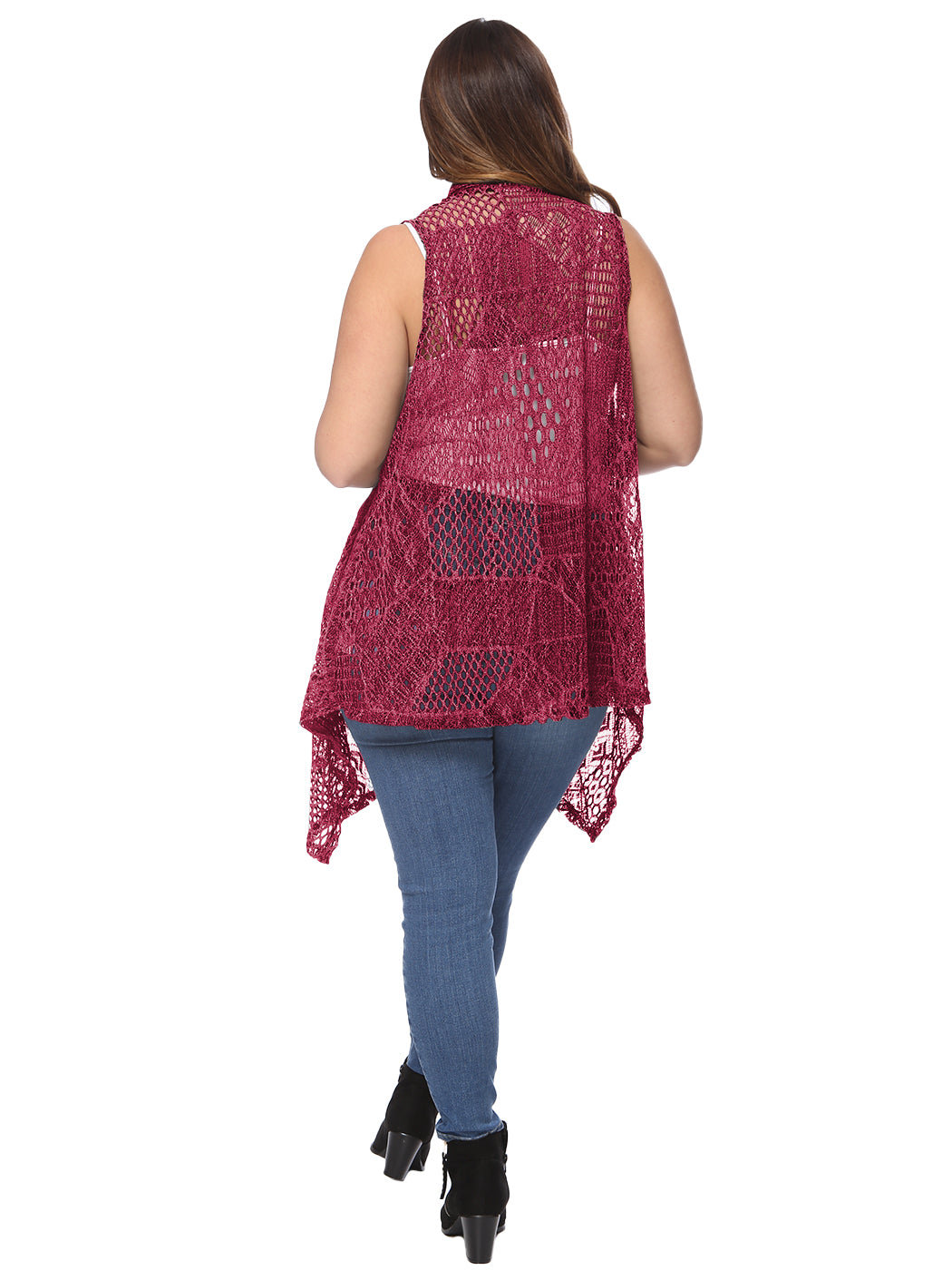 Chaleco tipo cárdigan tipo chal sin mangas con abertura frontal de crochet estilo bohemio de Anna-Kaci para mujer, talla grande, burdeos
