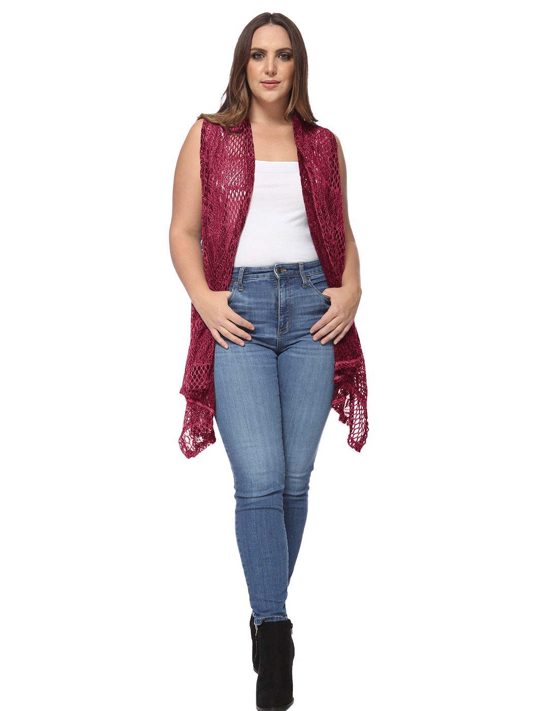 Chaleco tipo cárdigan tipo chal sin mangas con abertura frontal de crochet estilo bohemio de Anna-Kaci para mujer, talla grande, burdeos