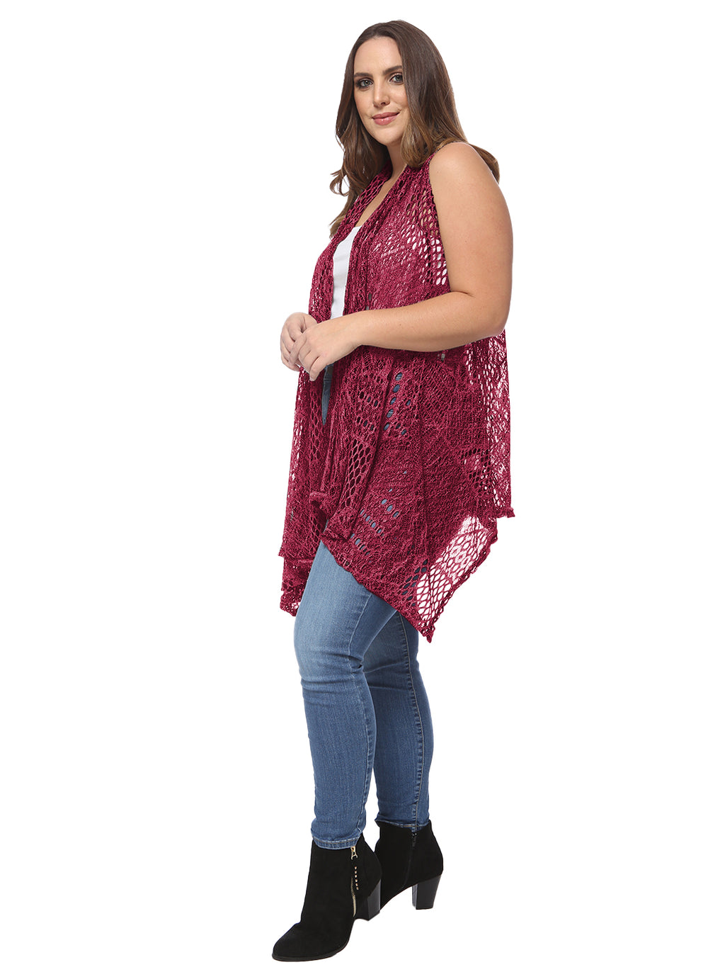 Chaleco tipo cárdigan tipo chal sin mangas con abertura frontal de crochet estilo bohemio de Anna-Kaci para mujer, talla grande, burdeos