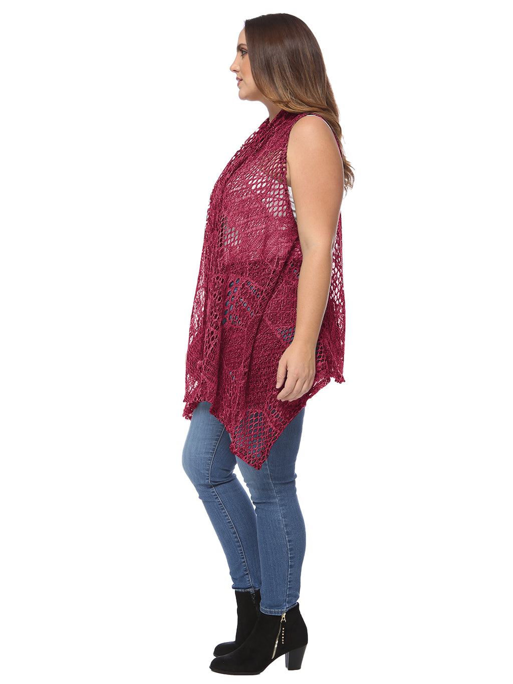 Chaleco tipo cárdigan tipo chal sin mangas con abertura frontal de crochet estilo bohemio de Anna-Kaci para mujer, talla grande, burdeos
