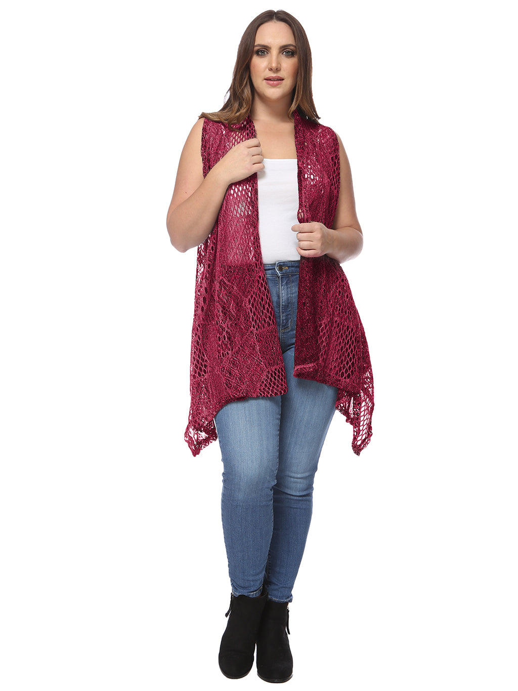 Chaleco tipo cárdigan tipo chal sin mangas con abertura frontal de crochet estilo bohemio de Anna-Kaci para mujer, talla grande, burdeos