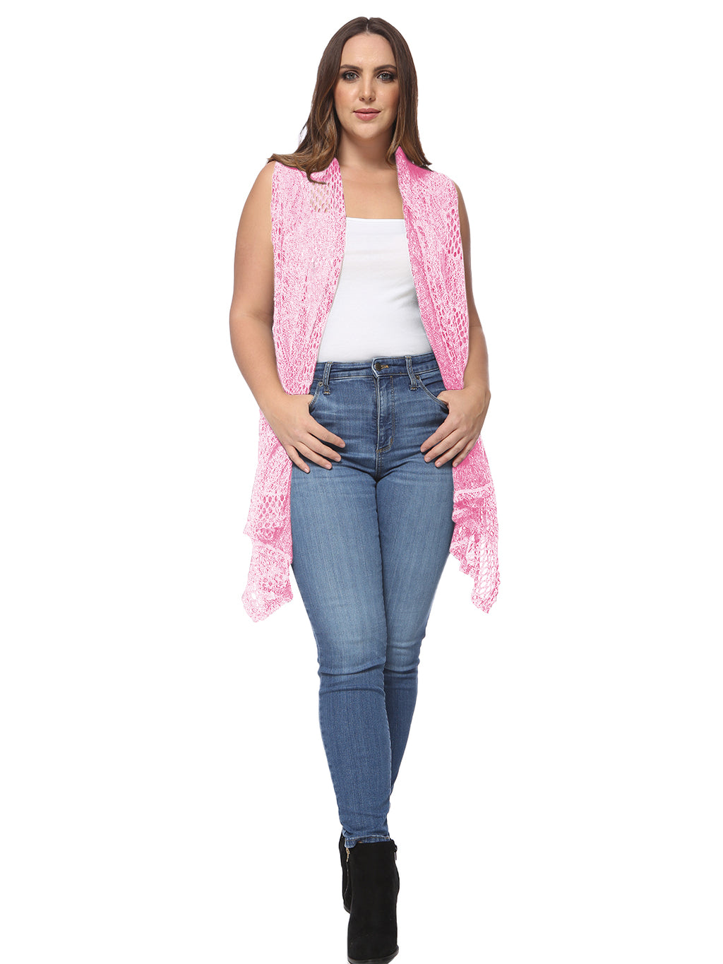 Chaleco tipo cárdigan tipo chal sin mangas con abertura frontal de crochet estilo bohemio de Anna-Kaci para mujer, talla grande, color rosa