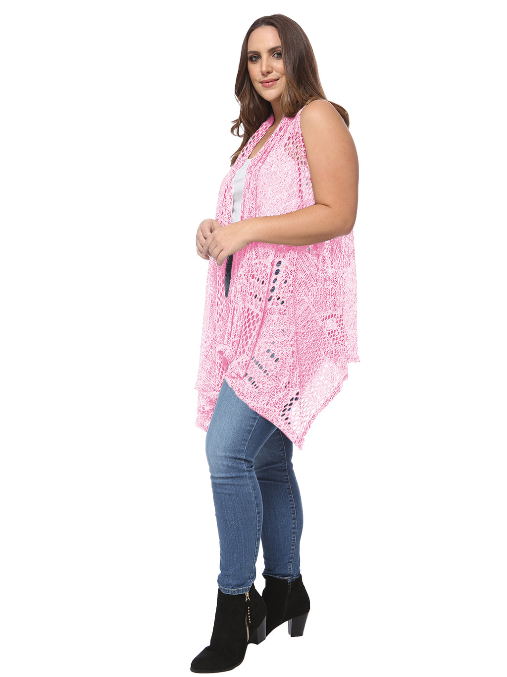 Chaleco tipo cárdigan tipo chal sin mangas con abertura frontal de crochet estilo bohemio de Anna-Kaci para mujer, talla grande, color rosa