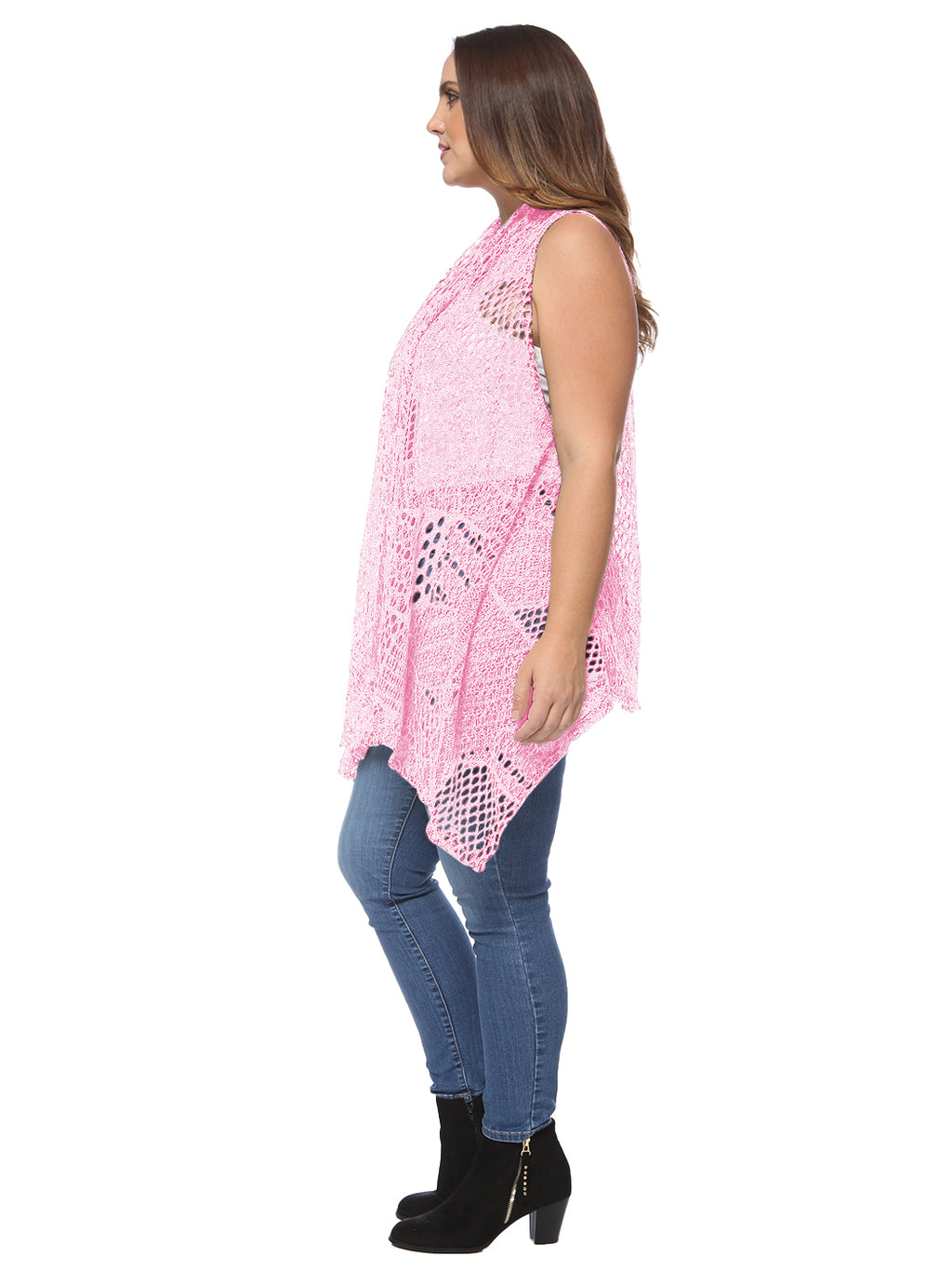 Chaleco tipo cárdigan tipo chal sin mangas con abertura frontal de crochet estilo bohemio de Anna-Kaci para mujer, talla grande, color rosa