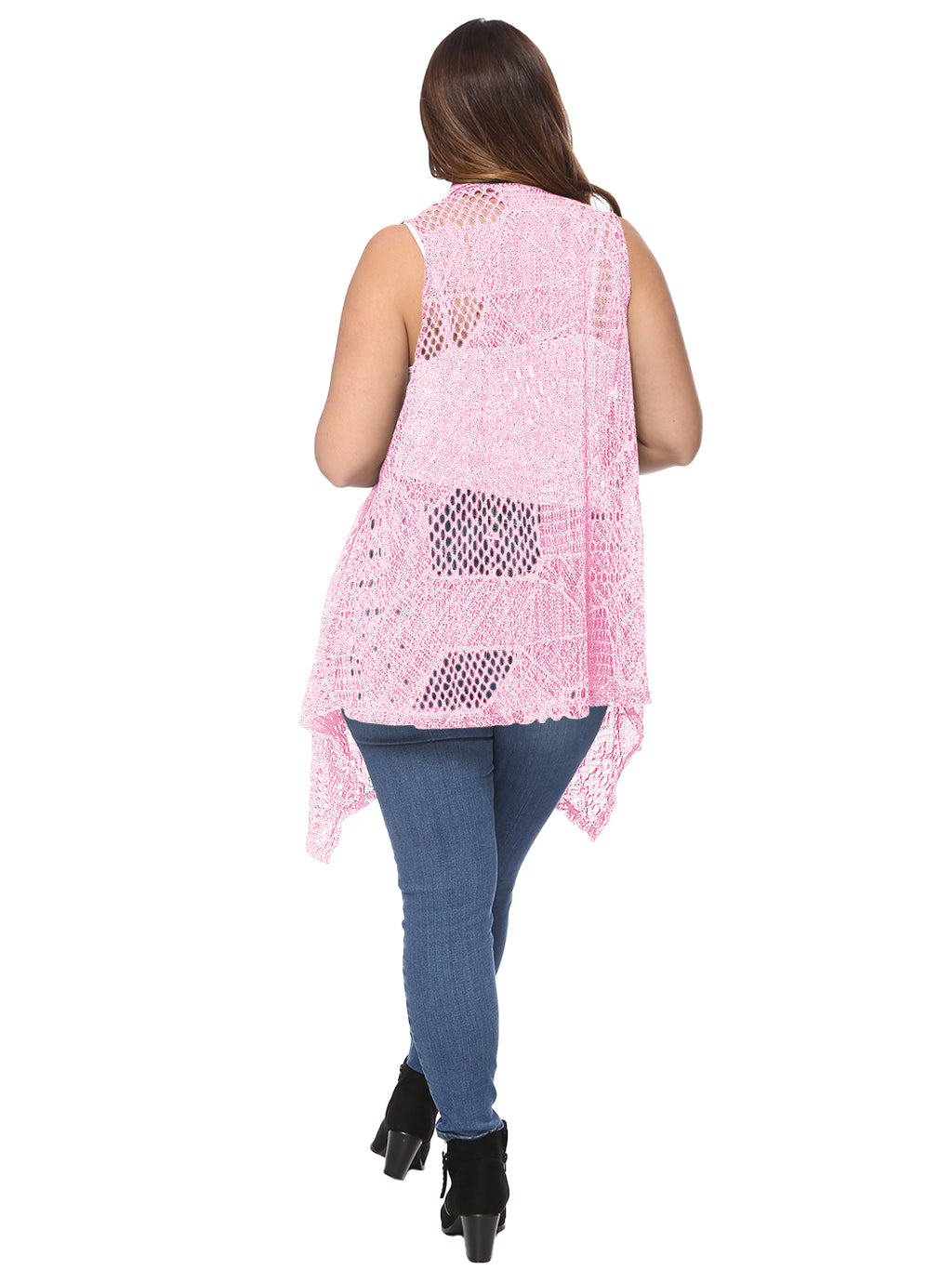 Chaleco tipo cárdigan tipo chal sin mangas con abertura frontal de crochet estilo bohemio de Anna-Kaci para mujer, talla grande, color rosa