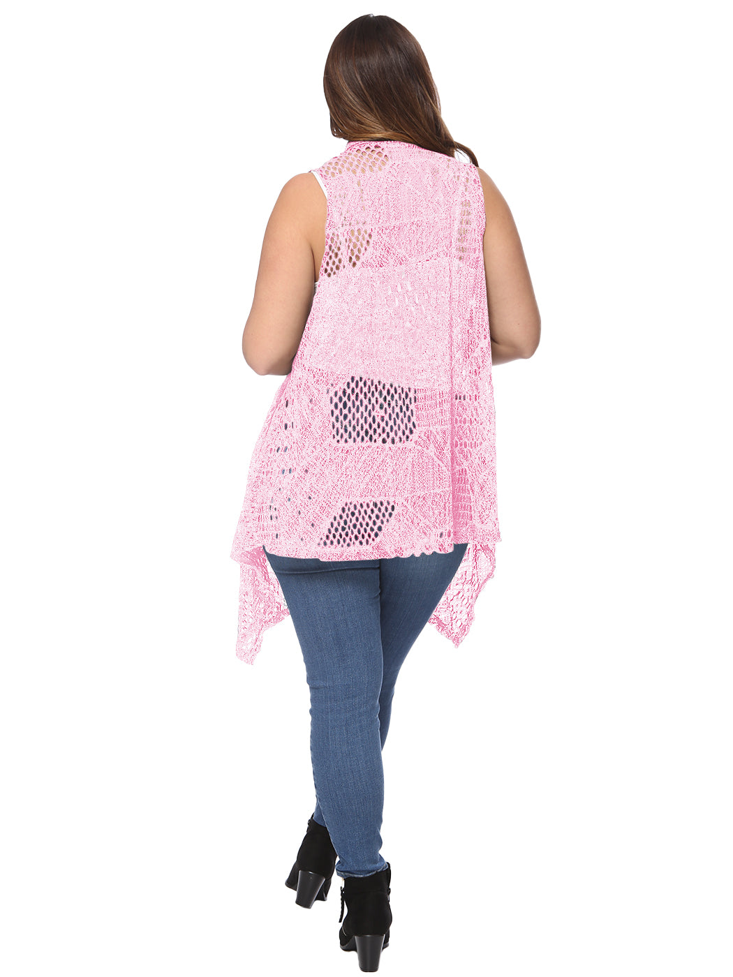 Chaleco tipo cárdigan tipo chal sin mangas con abertura frontal de crochet estilo bohemio de Anna-Kaci para mujer, talla grande, color rosa