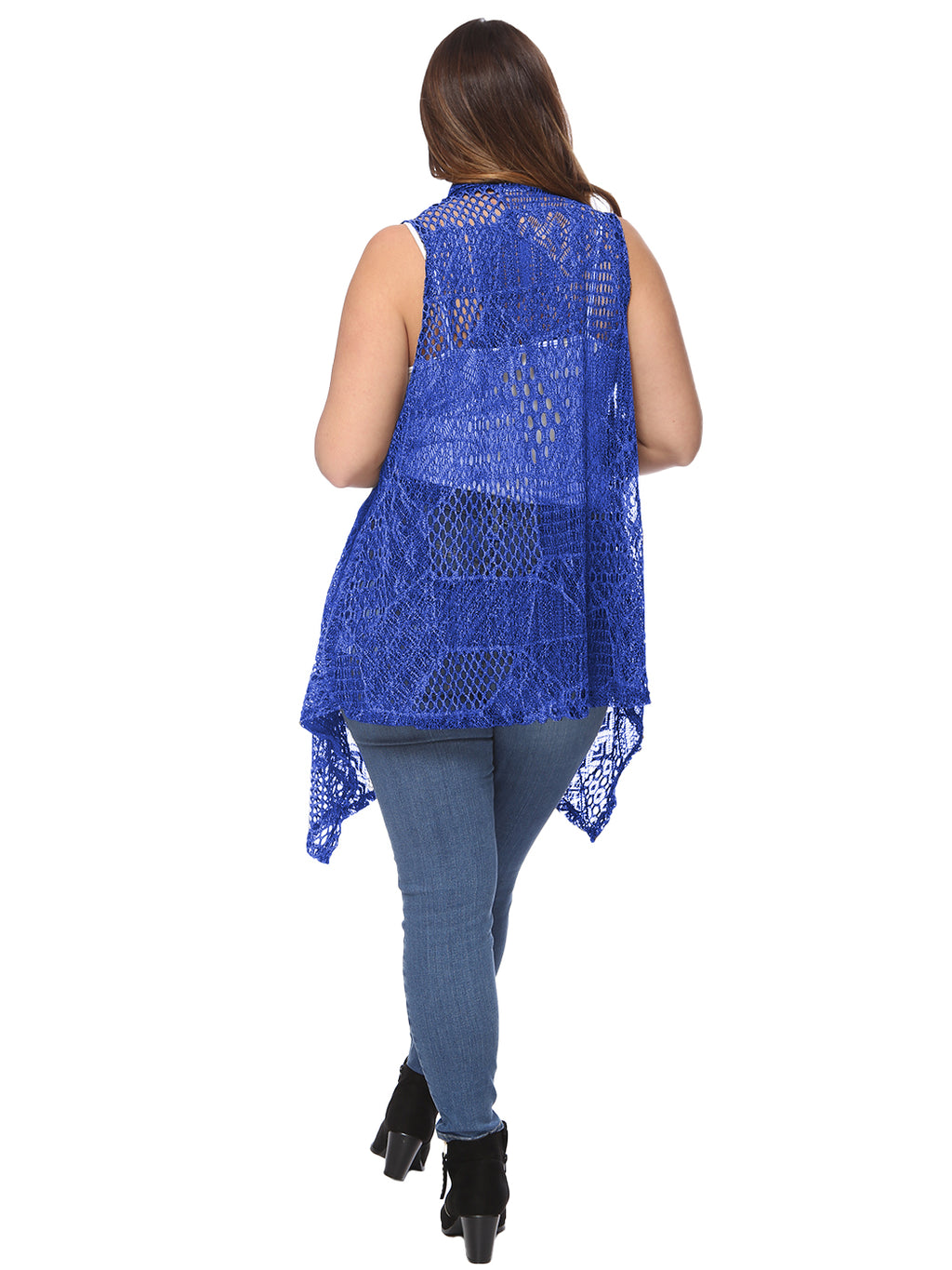 Chaleco tipo cárdigan tipo chal sin mangas con abertura frontal de crochet estilo bohemio de Anna-Kaci para mujer, talla grande, azul real