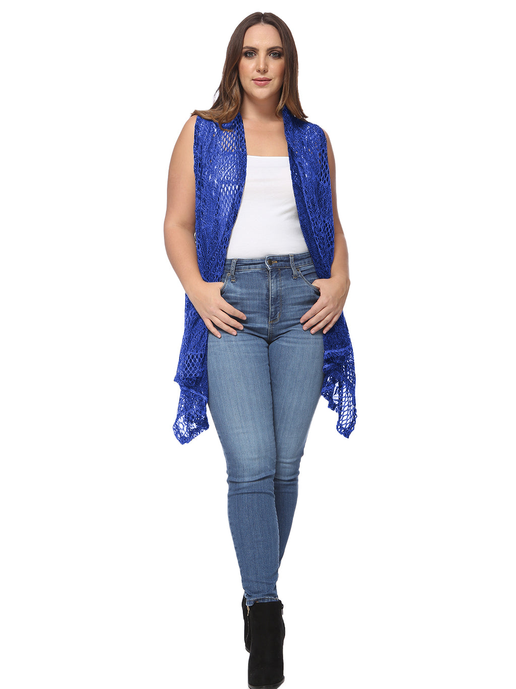Chaleco tipo cárdigan tipo chal sin mangas con abertura frontal de crochet estilo bohemio de Anna-Kaci para mujer, talla grande, azul real