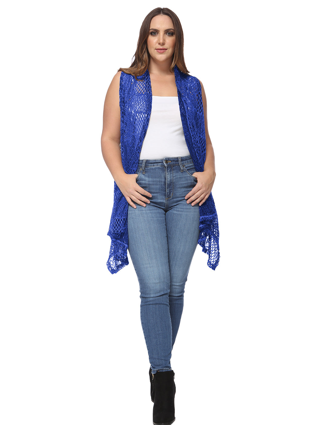 Chaleco tipo cárdigan tipo chal sin mangas con abertura frontal de crochet estilo bohemio de Anna-Kaci para mujer, talla grande, azul real