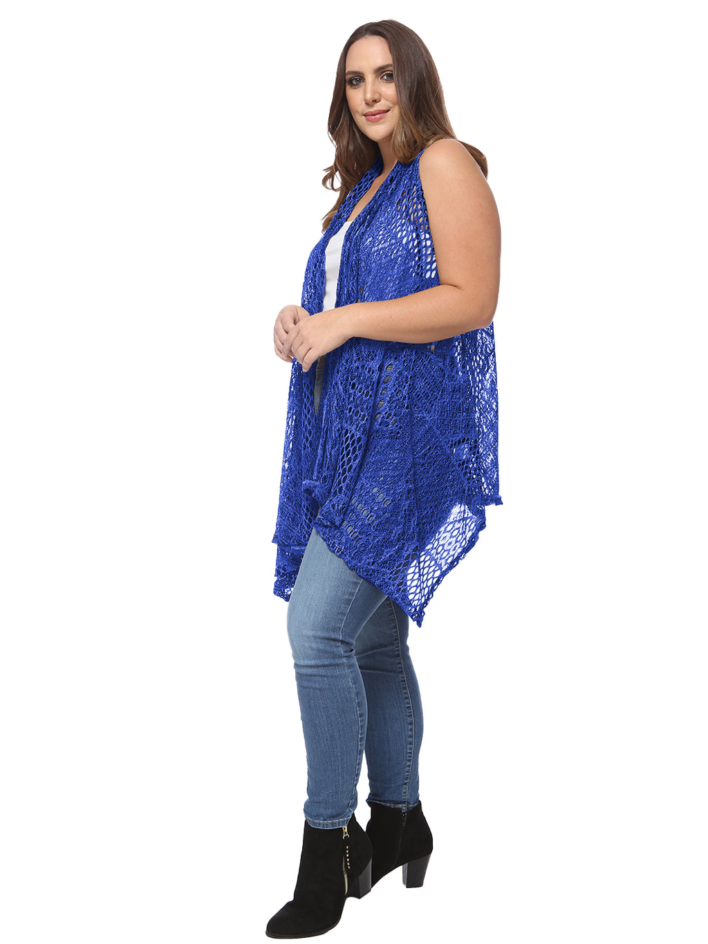 Chaleco tipo cárdigan tipo chal sin mangas con abertura frontal de crochet estilo bohemio de Anna-Kaci para mujer, talla grande, azul real