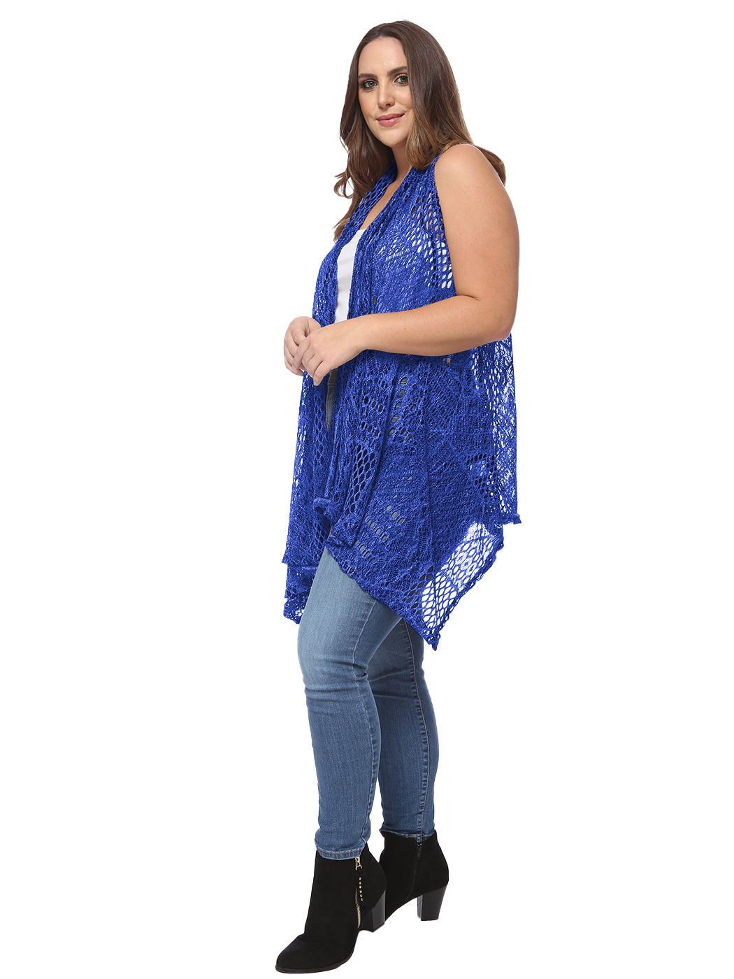 Chaleco tipo cárdigan tipo chal sin mangas con abertura frontal de crochet estilo bohemio de Anna-Kaci para mujer, talla grande, azul real