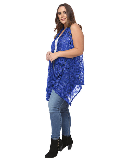 Anna-Kaci Women's Plus Size Boho Open Front Crochet Cover Up Sleeveless Shawl Cardigan Vest, Royal Blue