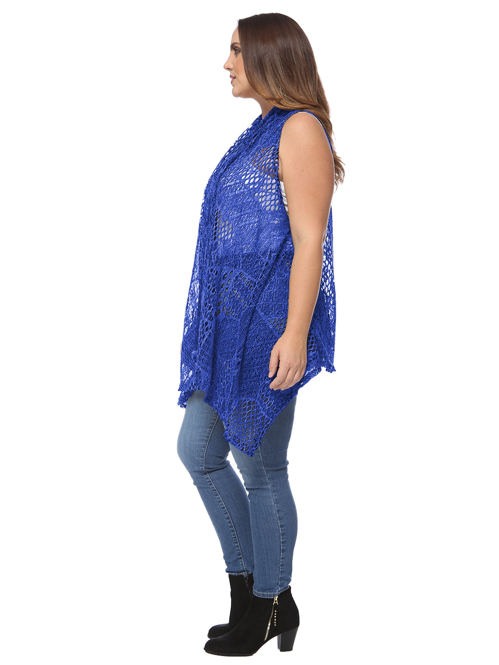 Chaleco tipo cárdigan tipo chal sin mangas con abertura frontal de crochet estilo bohemio de Anna-Kaci para mujer, talla grande, azul real
