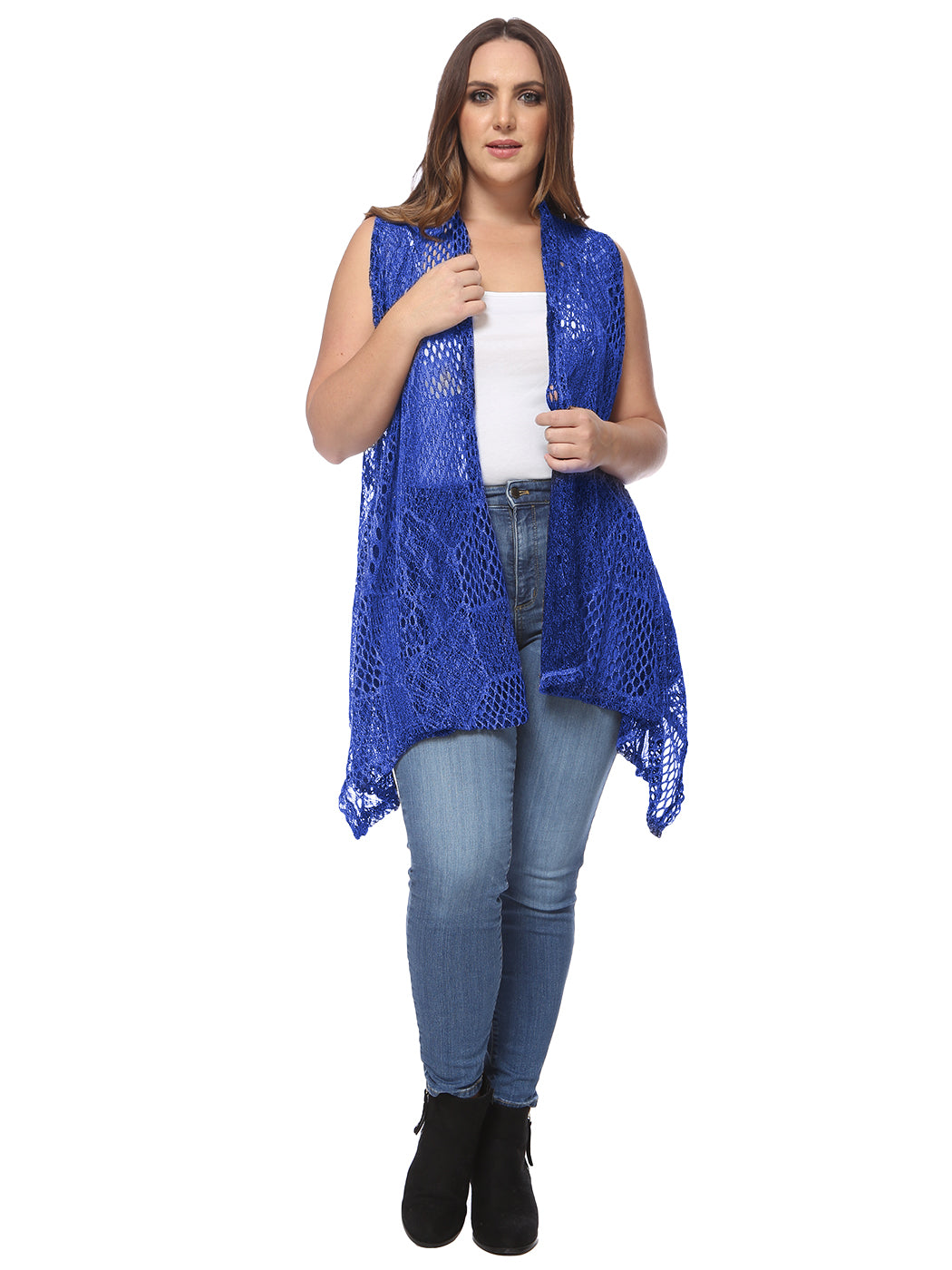 Chaleco tipo cárdigan tipo chal sin mangas con abertura frontal de crochet estilo bohemio de Anna-Kaci para mujer, talla grande, azul real