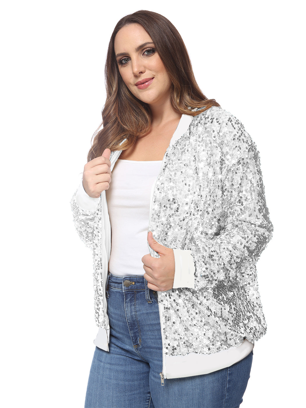 Plus Size Sequin Bomber Jacket