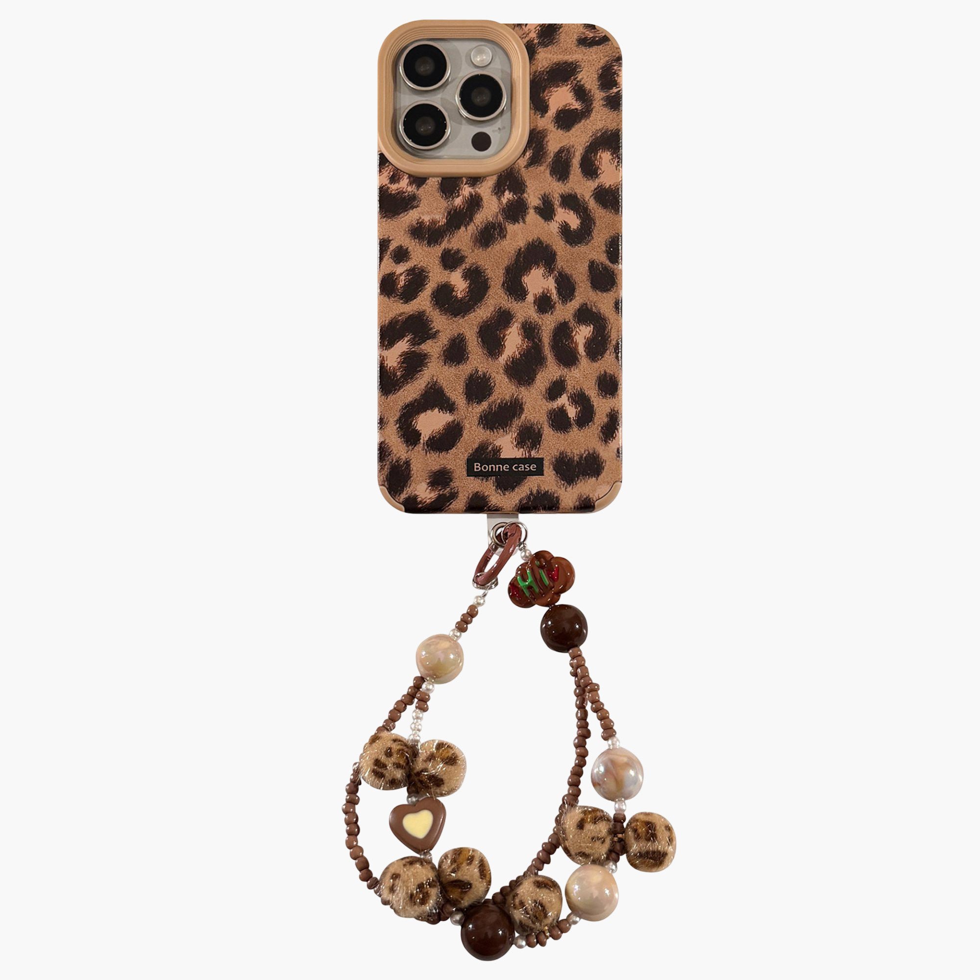 Anna-Kaci Leopard Print Phone Case with Beaded Wrist Strap Built In Phone Stand Slim Protective Cover