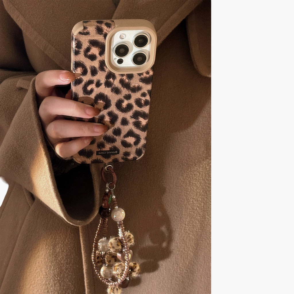 Anna-Kaci Leopard Print Phone Case with Beaded Wrist Strap Built In Phone Stand Slim Protective Cover