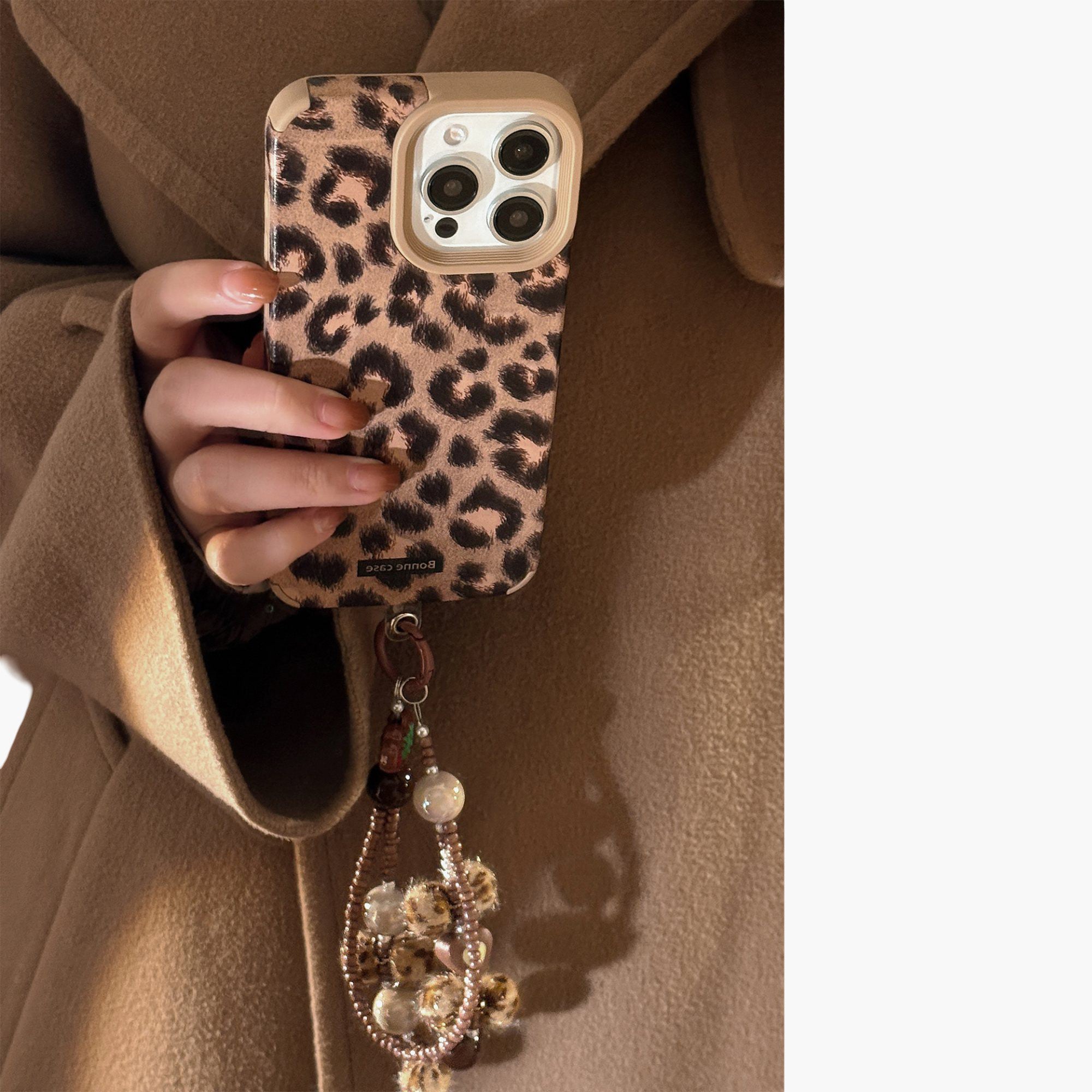 Anna-Kaci Leopard Print Phone Case with Beaded Wrist Strap Built In Phone Stand Slim Protective Cover