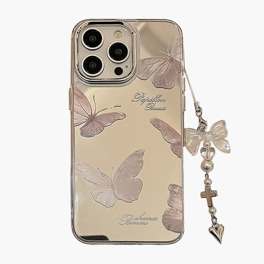Anna-Kaci Mirror Finish Butterfly Phone Case with Decorative Charm Slim Protective Cover