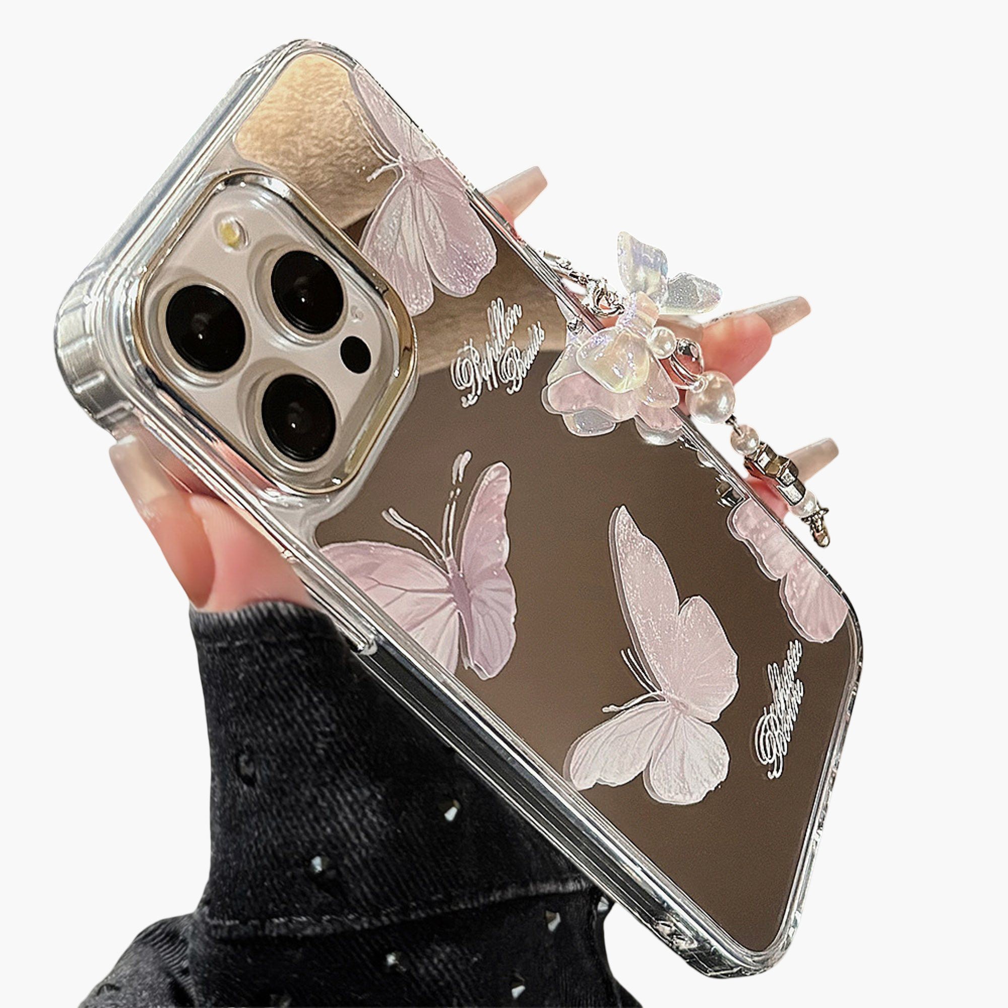 Anna-Kaci Mirror Finish Butterfly Phone Case with Decorative Charm Slim Protective Cover