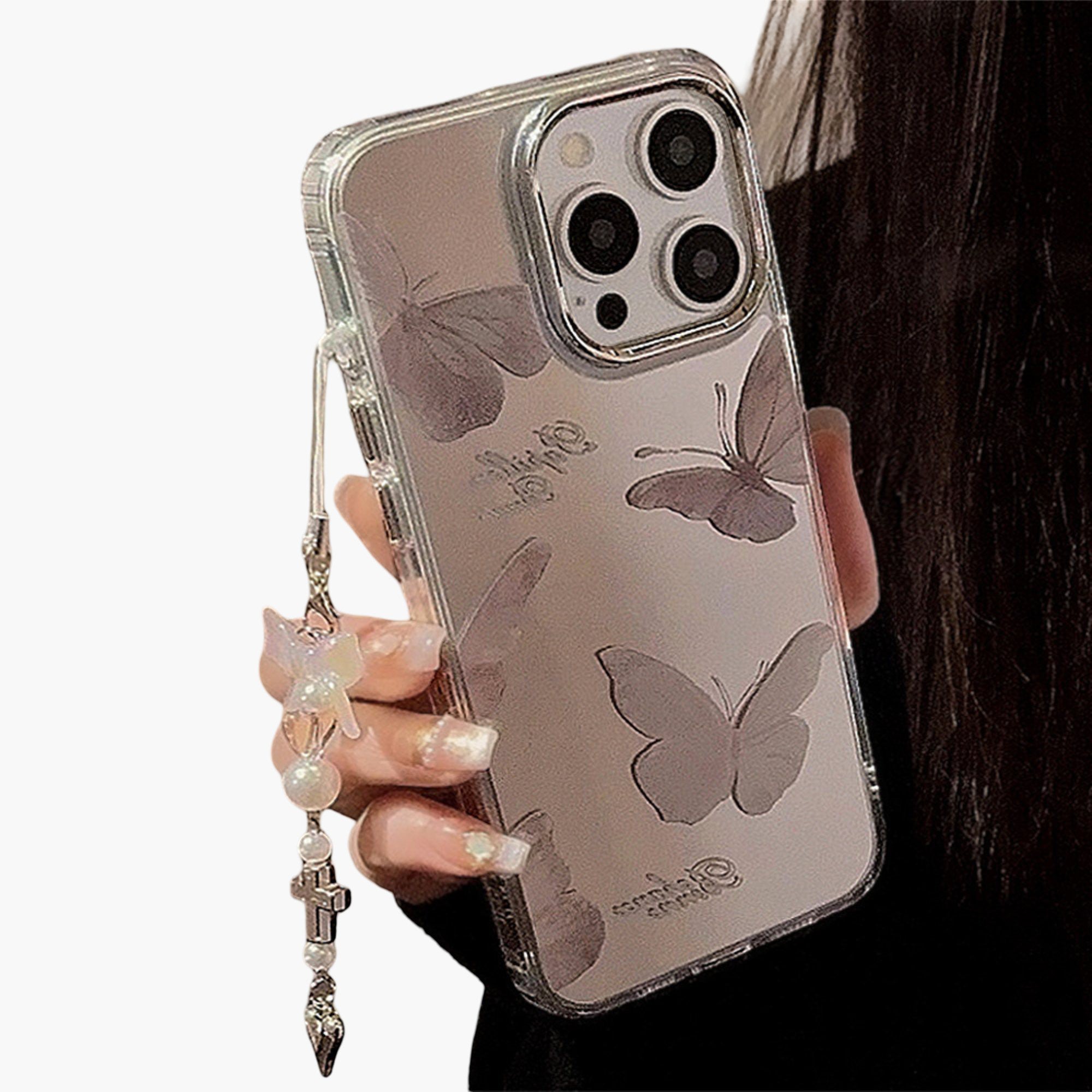 Anna-Kaci Mirror Finish Butterfly Phone Case with Decorative Charm Slim Protective Cover