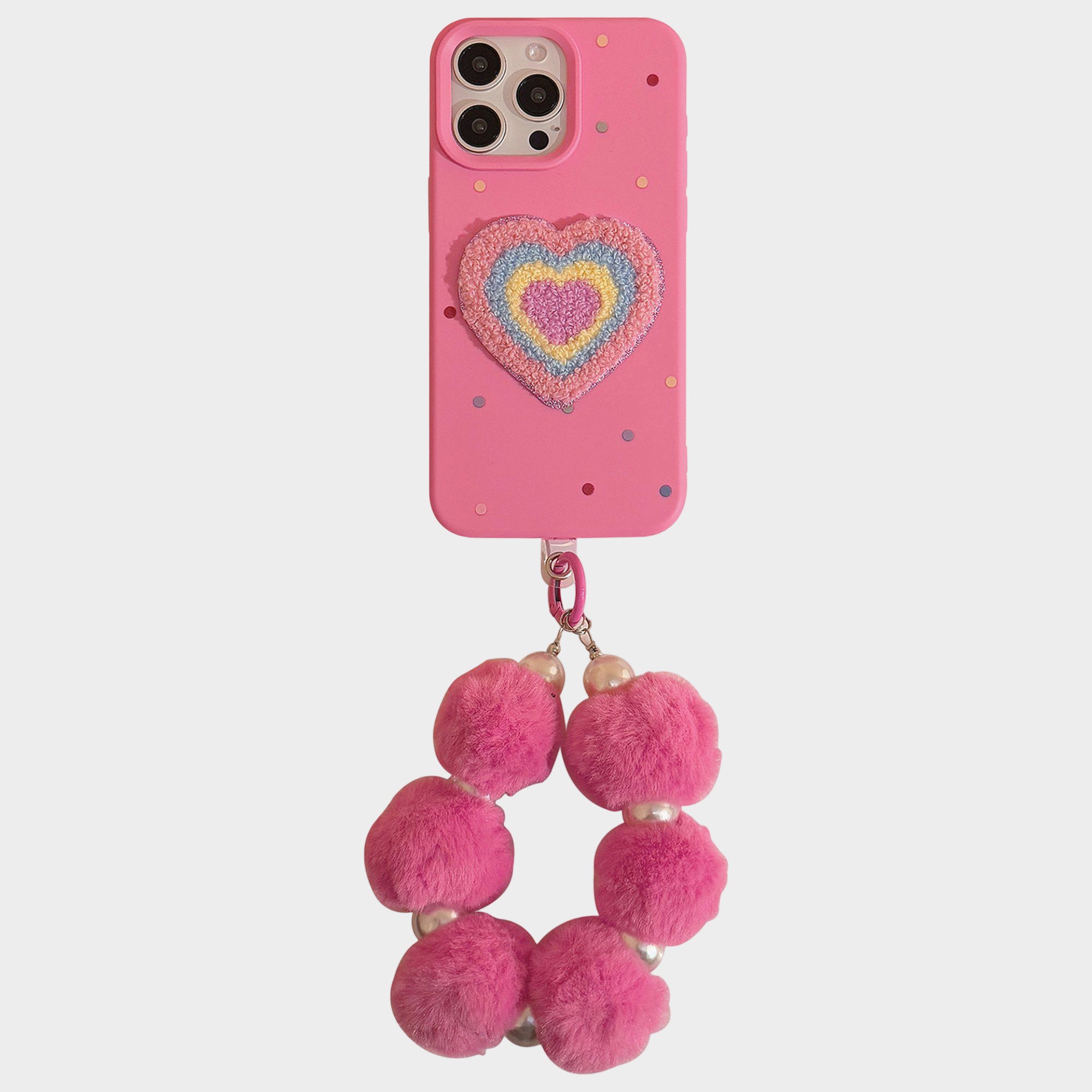Anna-Kaci Heart Patch Phone Case with Plush Beaded Wristlet Charm