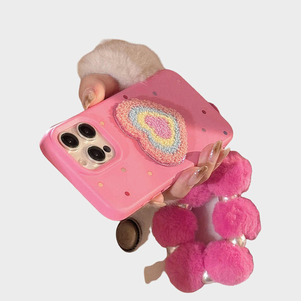 Anna-Kaci Heart Patch Phone Case with Plush Beaded Wristlet Charm