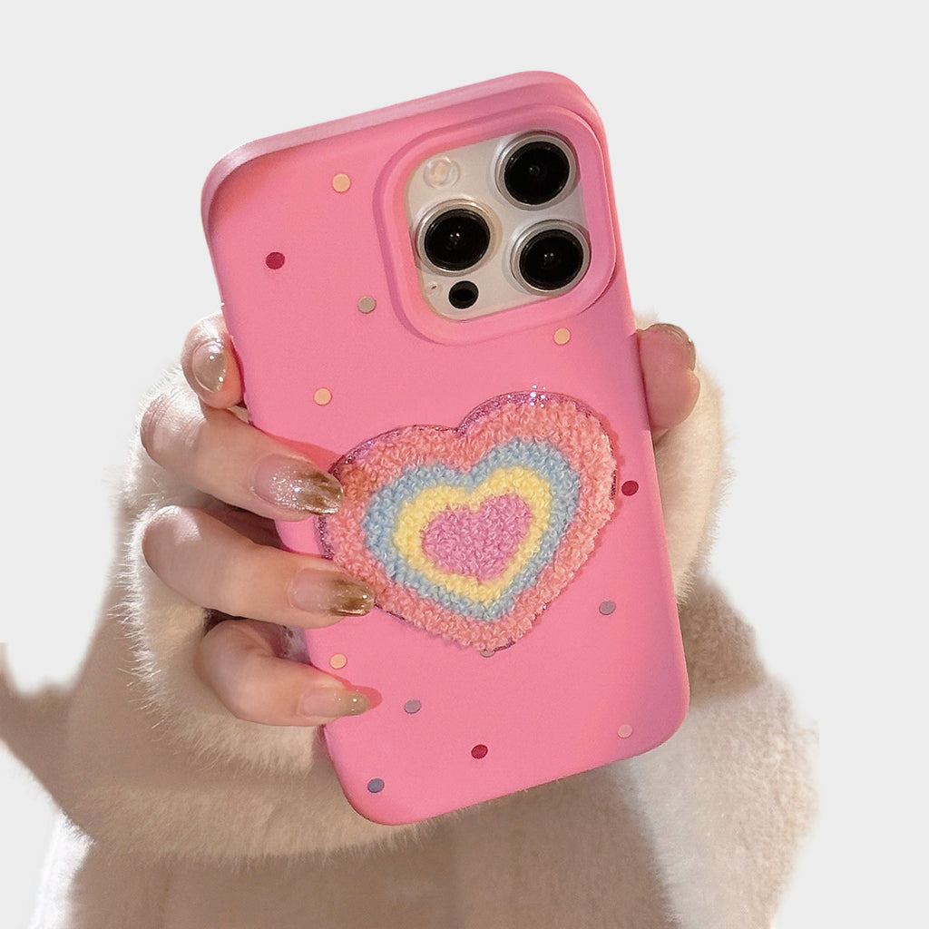 Anna-Kaci Heart Patch Phone Case with Plush Beaded Wristlet Charm