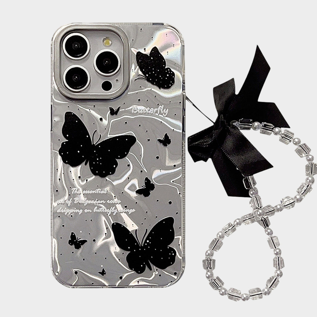 Anna-Kaci Butterfly Print Phone Case with Beaded Bow Wristlet Charm