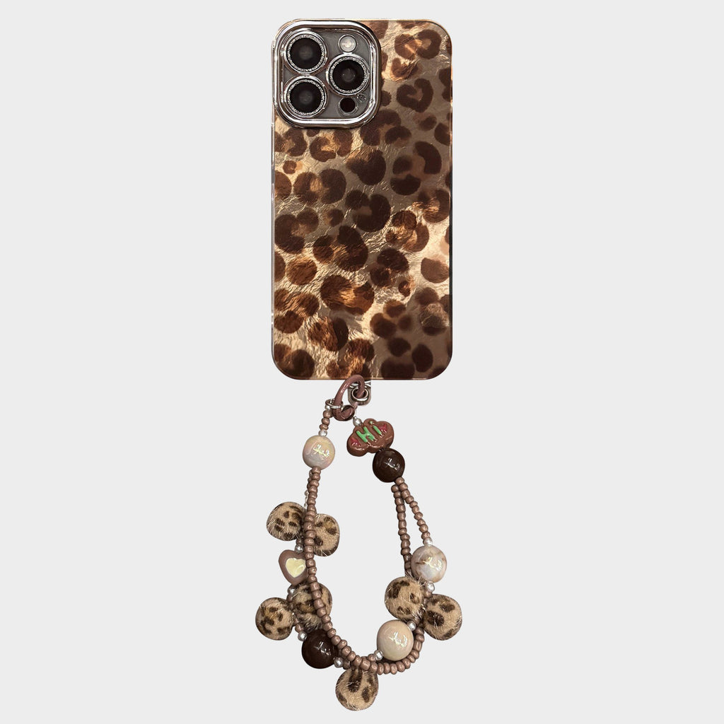 Anna-Kaci Leopard Print Phone Case with Beaded Wristlet Charm