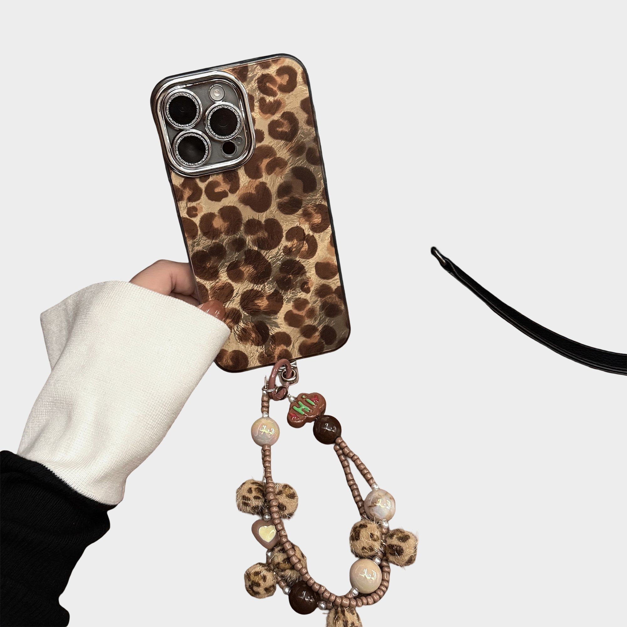 Anna-Kaci Leopard Print Phone Case with Beaded Wristlet Charm