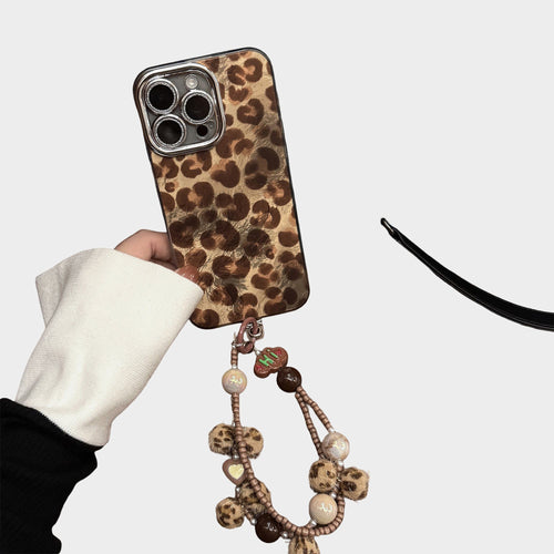 Anna-Kaci Leopard Print Phone Case with Beaded Wristlet Charm