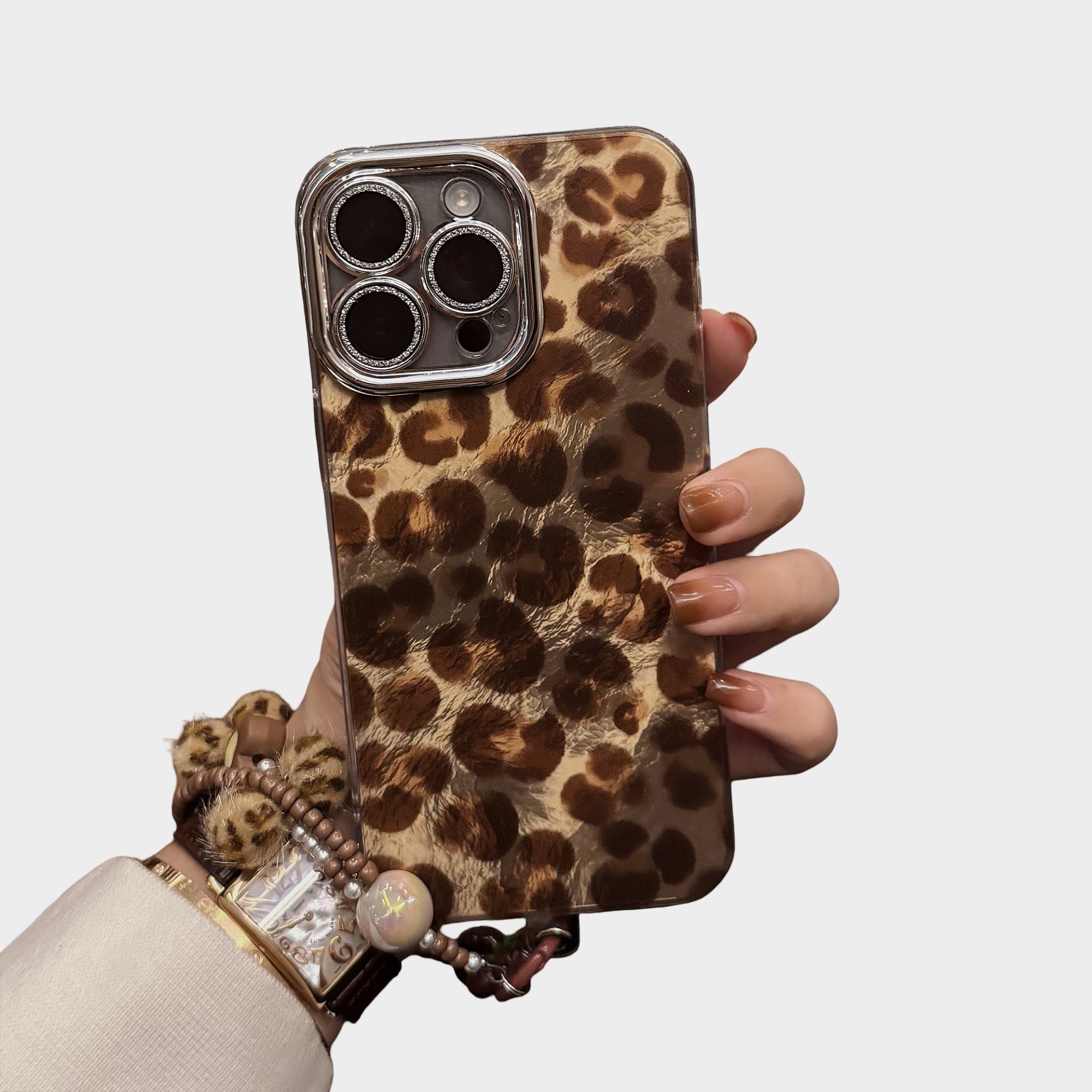 Anna-Kaci Leopard Print Phone Case with Beaded Wristlet Charm