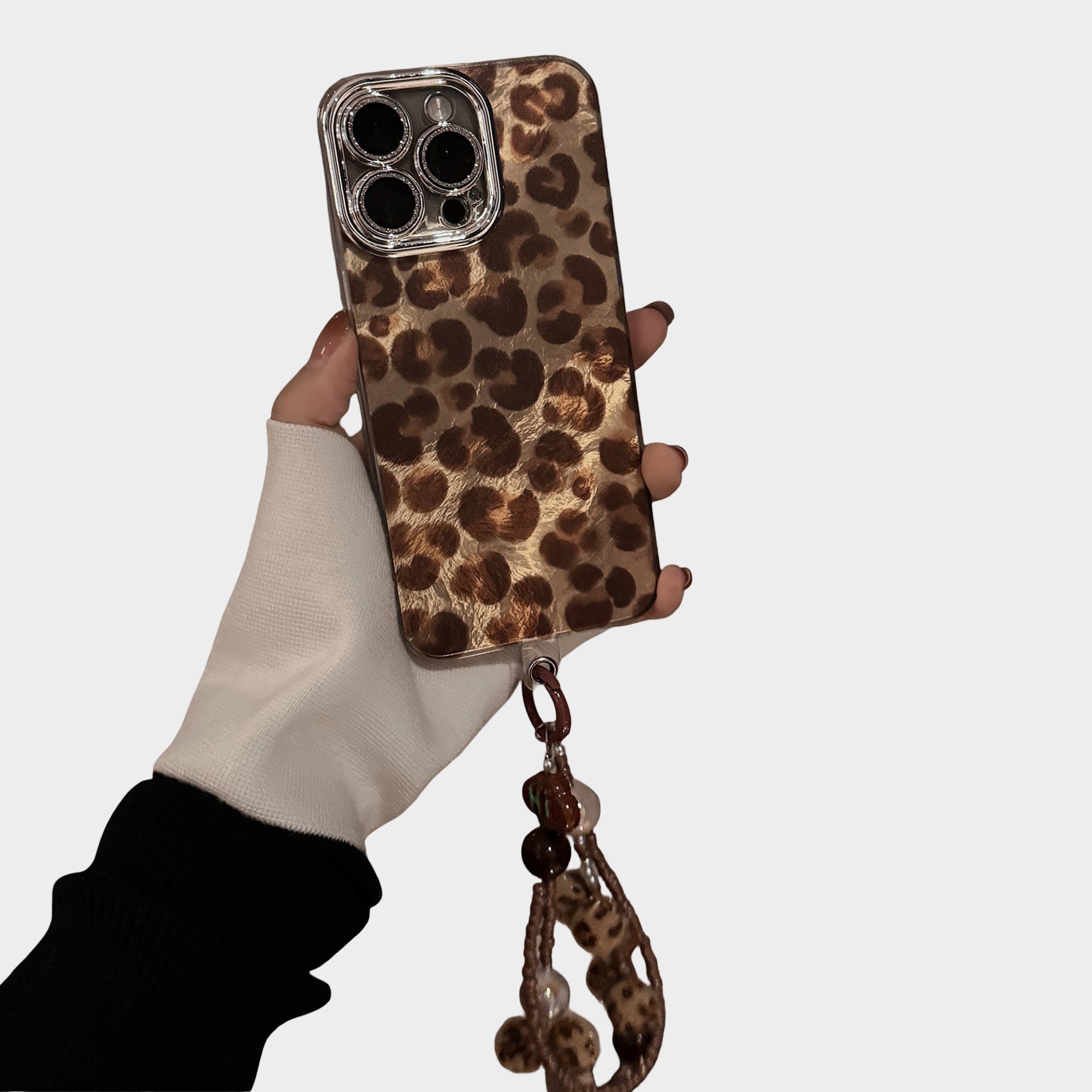 Anna-Kaci Leopard Print Phone Case with Beaded Wristlet Charm