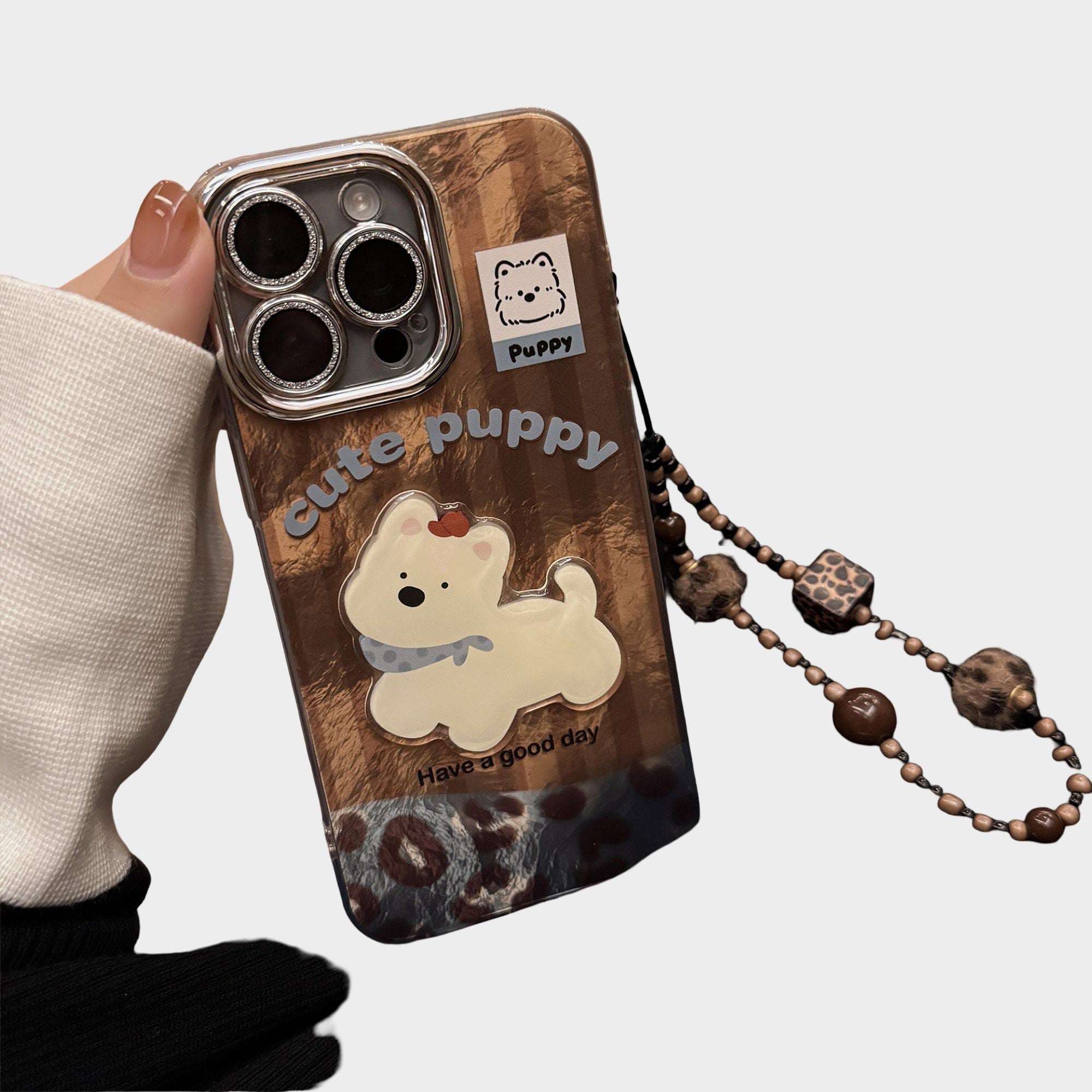 Anna-Kaci Cute Puppy Phone Case with Beaded Wristlet Charm